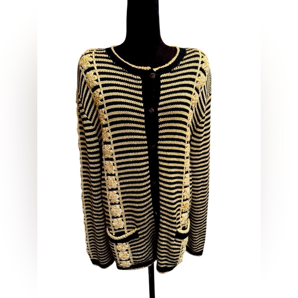 SOUTH COTTON Cardigan Sweater Hand Knit Loomed Black Yellow Floral Stripe SZ LG